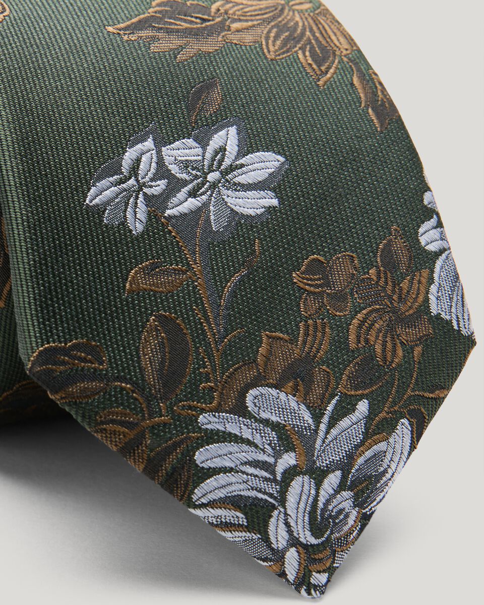 Large Spaced Floral Silk Tie, Khaki/White, hi-res